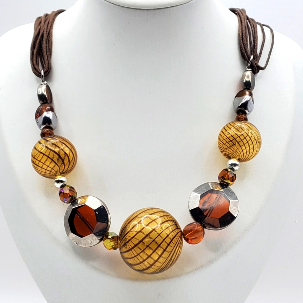 Brown Silver Glass Ball Beaded Necklace Vintage Faux Leather Cord Choker Jewelry